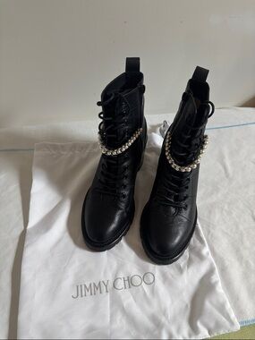 Jimmy Choo Women’s Black Leather Pearl-Embellished Lace-Up Boots